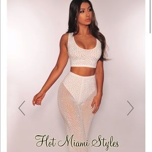 White Rhinestone Studded High Waist Two Piece Set